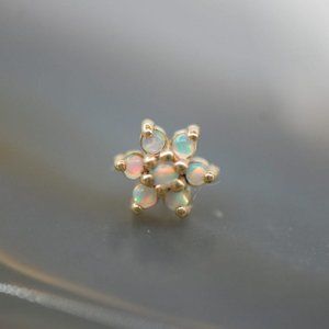 Body Gem 14k Yellow Gold Pointy Flower in White Opal Threadless End